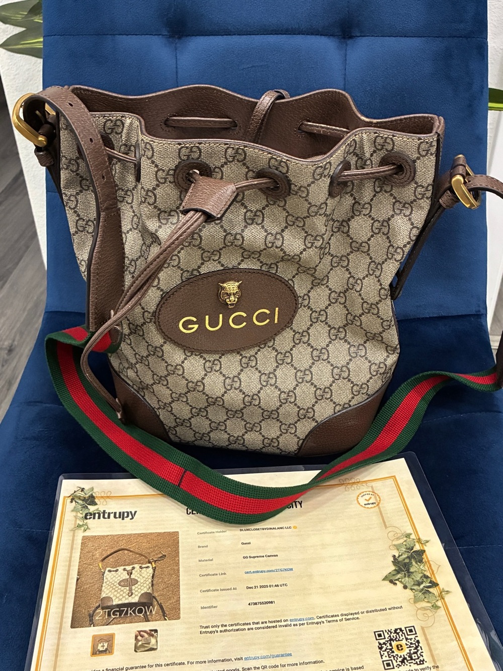 Gucci GG Supreme Canvas Bucket Bag Crossbody w/ Web Strap + Entrupy Auth